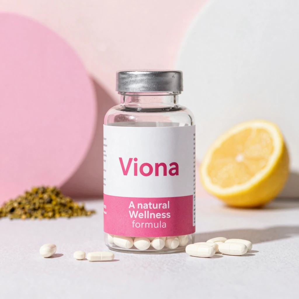 Viona supplement bottle illustration with soft gradient label